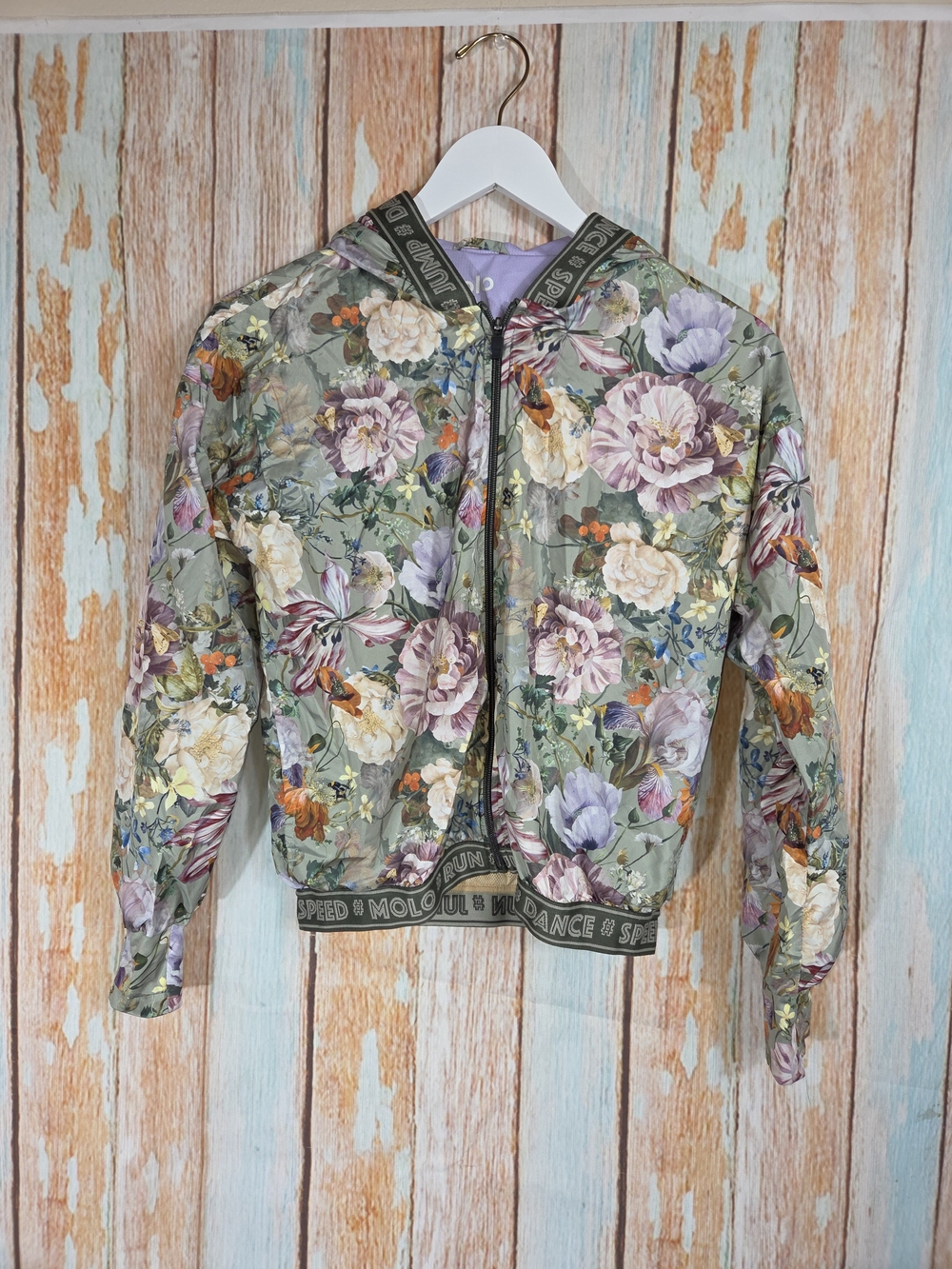Molo Girl's Floral Bomber Jacket in Sage Green. Size 11-12 Years